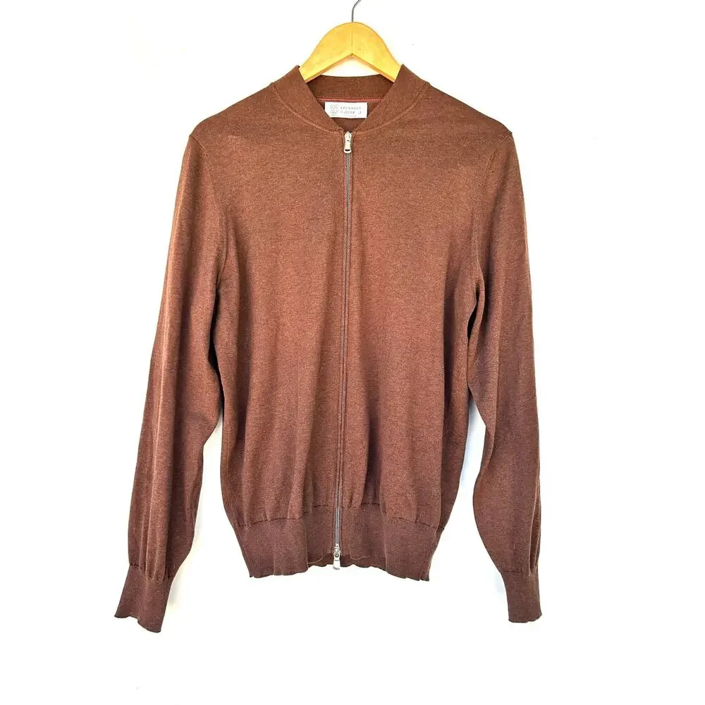 Brunello Cucinelli Men’s Full Zip Cardigan Sweater Cotton Brown 50 Medium